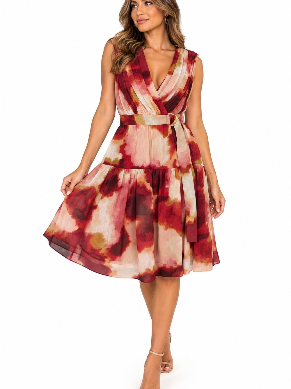 Taylor Red and Cream Watercolor Wrap Midi Dress